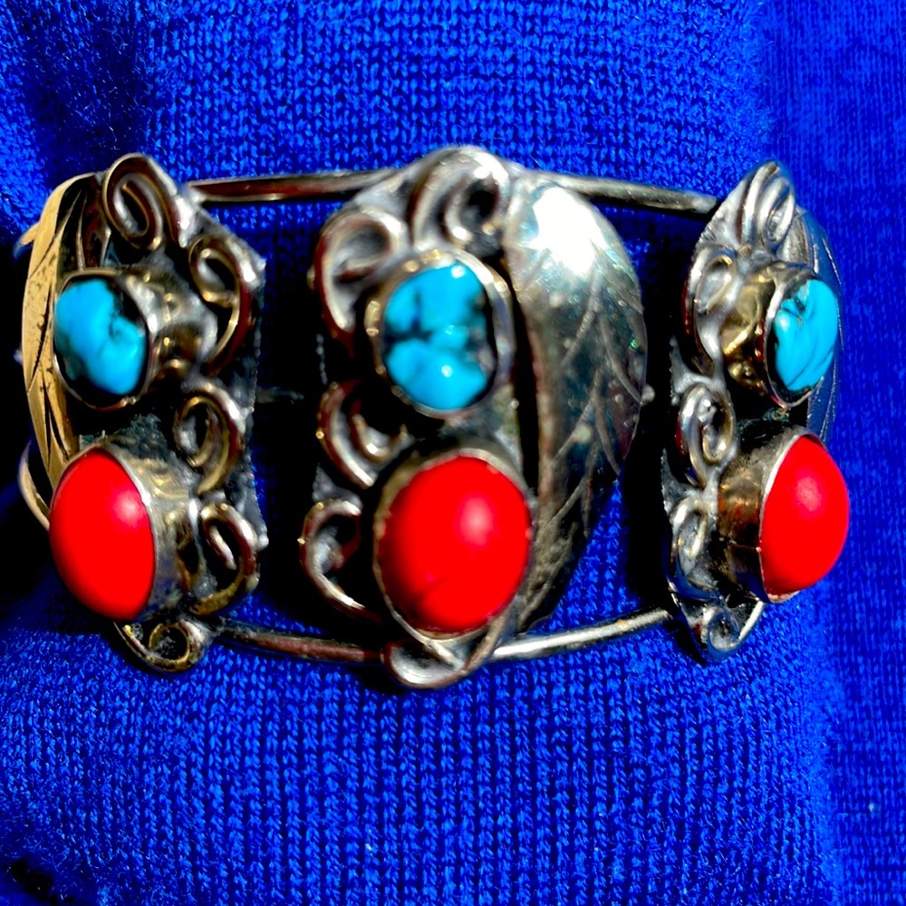 Coral and Turquoise Silver Bracelet from Santa Fe, NM